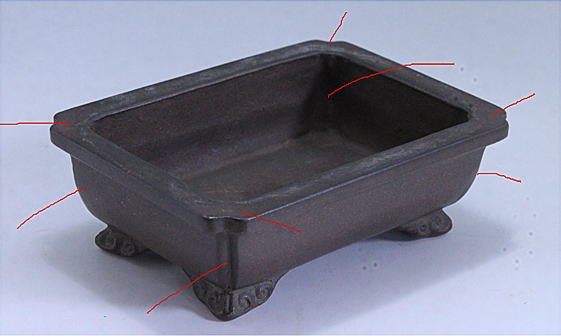 盆栽鉢　時代古色有尚古堂型盆栽鉢中品隅入り雲足20x15.5x10cm豊蘭製陶製 zz500bw_h.jpg